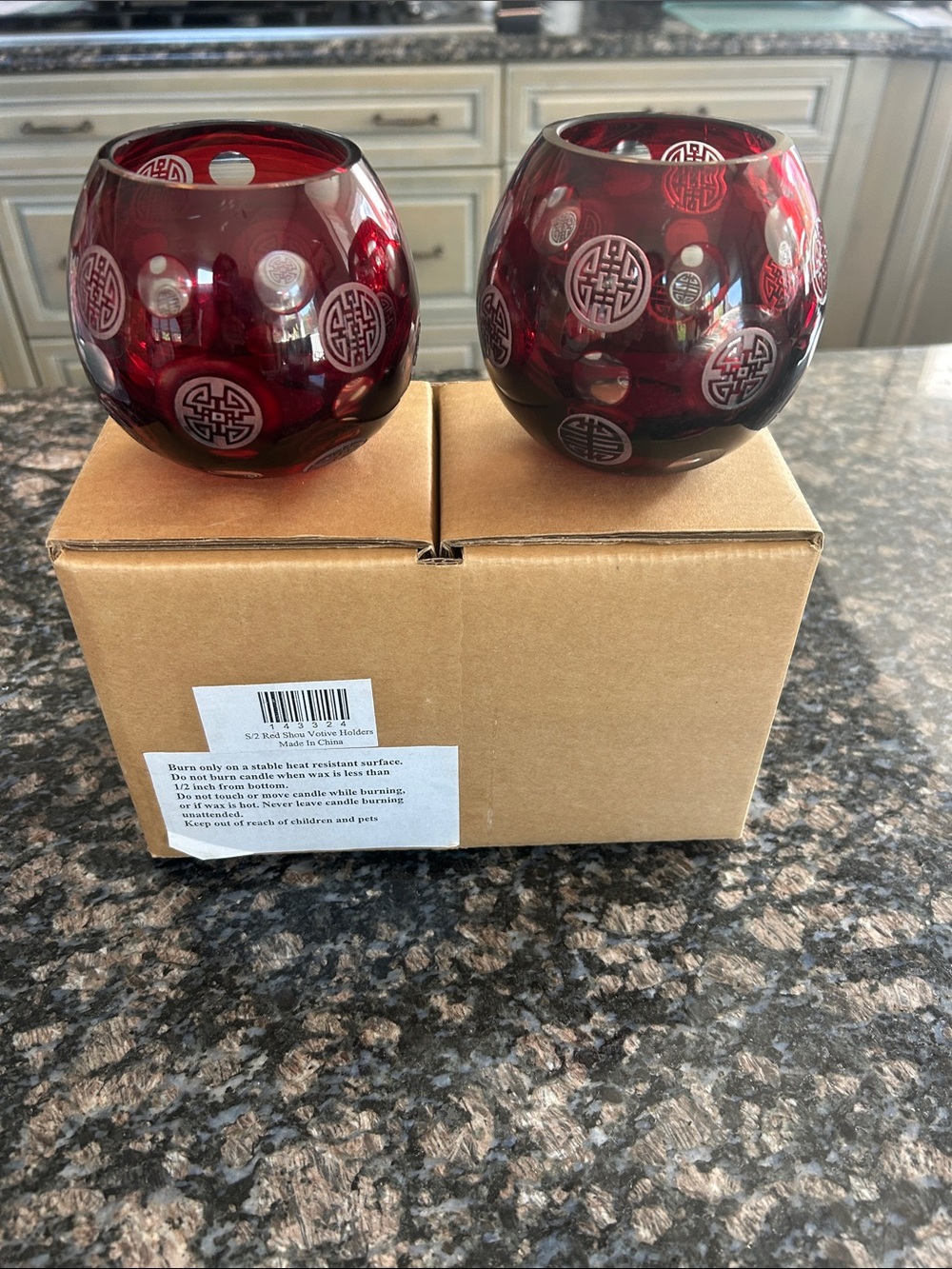 RED CUT GLASS SHOU CHINESE VOTIVE HOLDERS SET OF 2 NWT